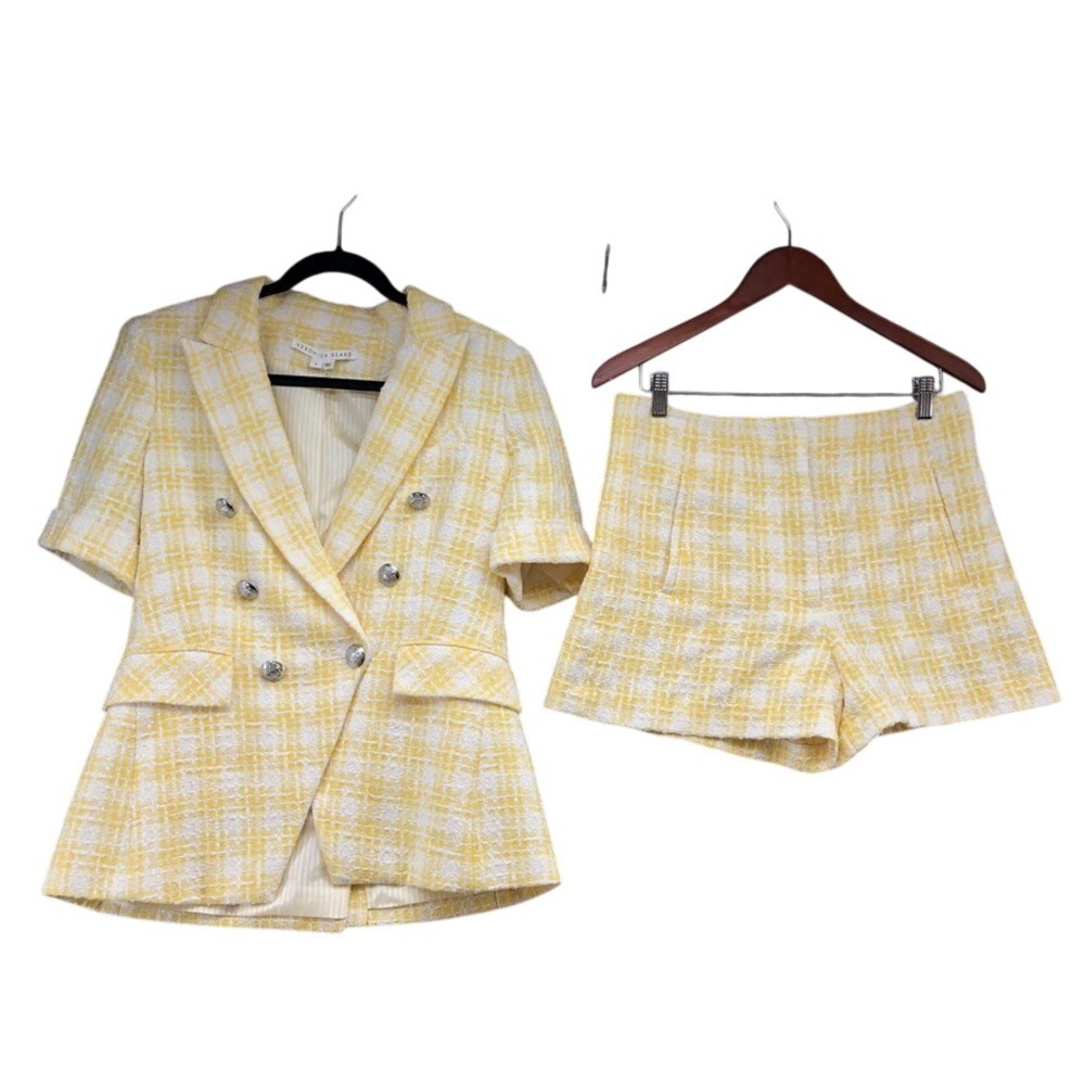 Veronica Beard Shorts Set Womens 8/10 Womens Yellow Tweed Plaid Short Sleeve